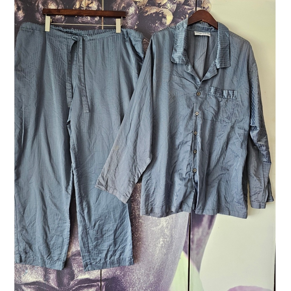 Fernando Sanchez Vintage Blue Striped Silky Pajama Set Top Pants XL Made in USA